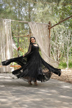 WOMEN'S BLACK FAUX BLOOMING WITH RICH SEQUINS EMBROIDERED WORK GOWN & DUPATTA SET STITCHED