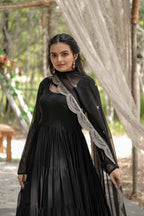 WOMEN'S BLACK FAUX BLOOMING WITH RICH SEQUINS EMBROIDERED WORK GOWN & DUPATTA SET STITCHED