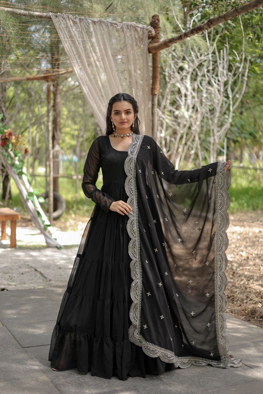 WOMEN'S BLACK FAUX BLOOMING WITH RICH SEQUINS EMBROIDERED WORK GOWN & DUPATTA SET STITCHED