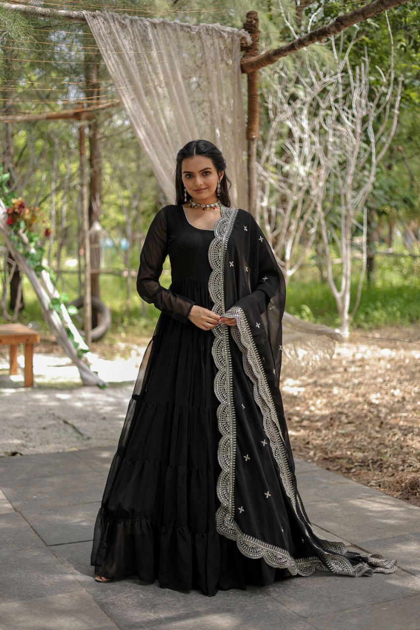 WOMEN'S BLACK FAUX BLOOMING WITH RICH SEQUINS EMBROIDERED WORK GOWN & DUPATTA SET STITCHED