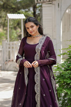 WOMEN'S WINE FAUX BLOOMING WITH RICH SEQUINS EMBROIDERED WORK GOWN & DUPATTA SET STITCHED