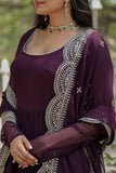 WOMEN'S WINE FAUX BLOOMING WITH RICH SEQUINS EMBROIDERED WORK GOWN & DUPATTA SET STITCHED