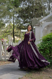 WOMEN'S WINE FAUX BLOOMING WITH RICH SEQUINS EMBROIDERED WORK GOWN & DUPATTA SET STITCHED
