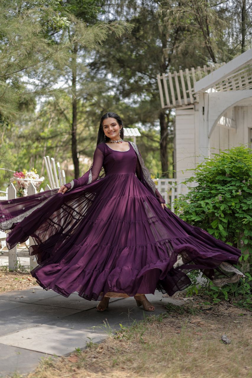 WOMEN'S WINE FAUX BLOOMING WITH RICH SEQUINS EMBROIDERED WORK GOWN & DUPATTA SET STITCHED