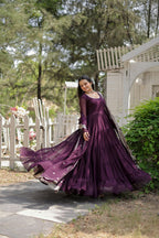 WOMEN'S WINE FAUX BLOOMING WITH RICH SEQUINS EMBROIDERED WORK GOWN & DUPATTA SET STITCHED