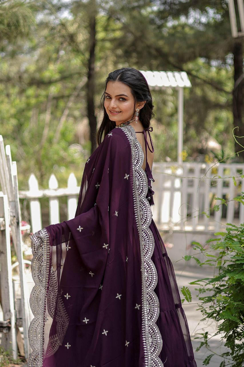 WOMEN'S WINE FAUX BLOOMING WITH RICH SEQUINS EMBROIDERED WORK GOWN & DUPATTA SET STITCHED