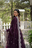 WOMEN'S WINE FAUX BLOOMING WITH RICH SEQUINS EMBROIDERED WORK GOWN & DUPATTA SET STITCHED