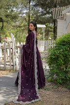 WOMEN'S WINE FAUX BLOOMING WITH RICH SEQUINS EMBROIDERED WORK GOWN & DUPATTA SET STITCHED