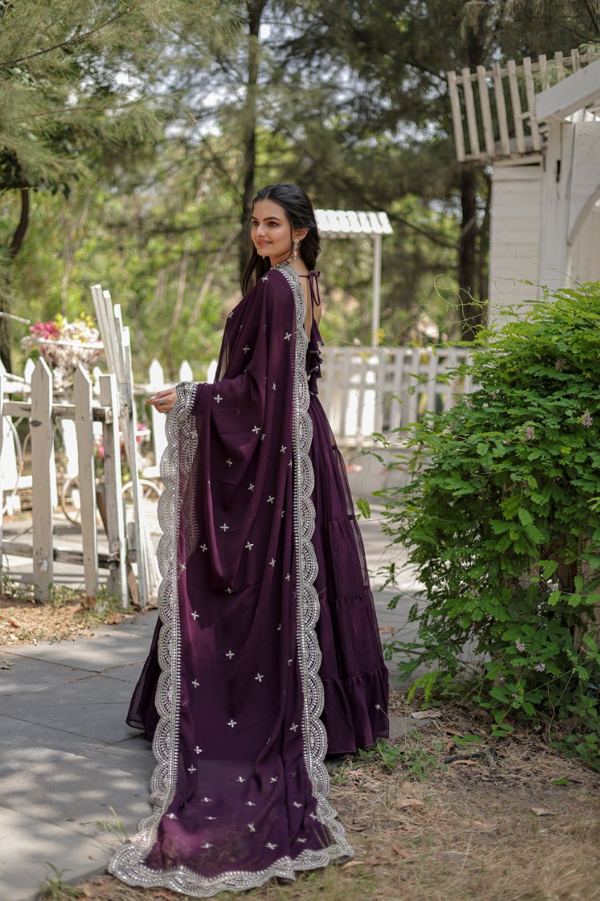 WOMEN'S WINE FAUX BLOOMING WITH RICH SEQUINS EMBROIDERED WORK GOWN & DUPATTA SET STITCHED