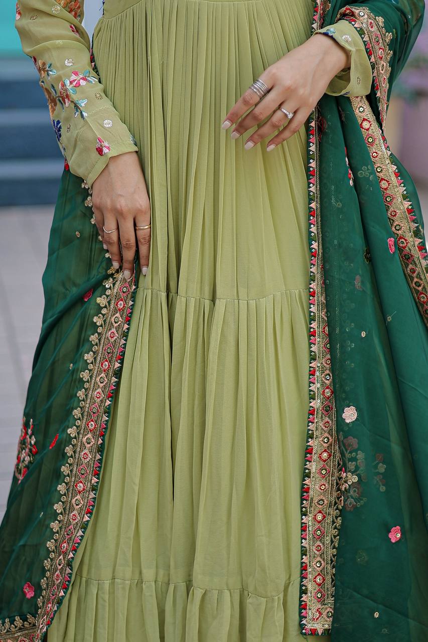 WOMEN'S GREEN FAUX GEORGETTE GOWN WITH RUSSIAN SILK DUPATTA WITH ADORABLE EMBROIDERED THREAD WORK STITCHED