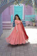 WOMEN'S PEACH FAUX GEORGETTE GOWN WITH RUSSIAN SILK DUPATTA WITH ADORABLE EMBROIDERED THREAD WORK STITCHED