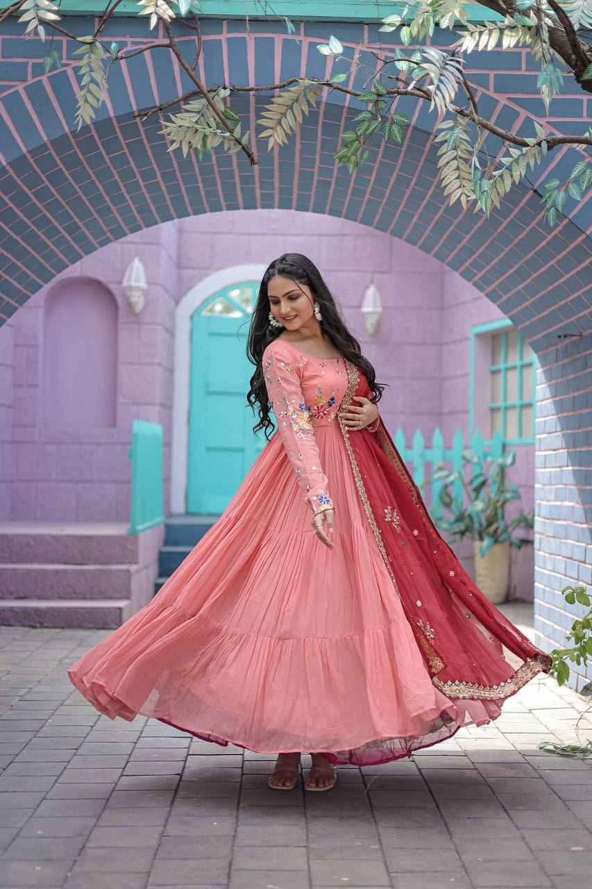 WOMEN'S PEACH FAUX GEORGETTE GOWN WITH RUSSIAN SILK DUPATTA WITH ADORABLE EMBROIDERED THREAD WORK STITCHED