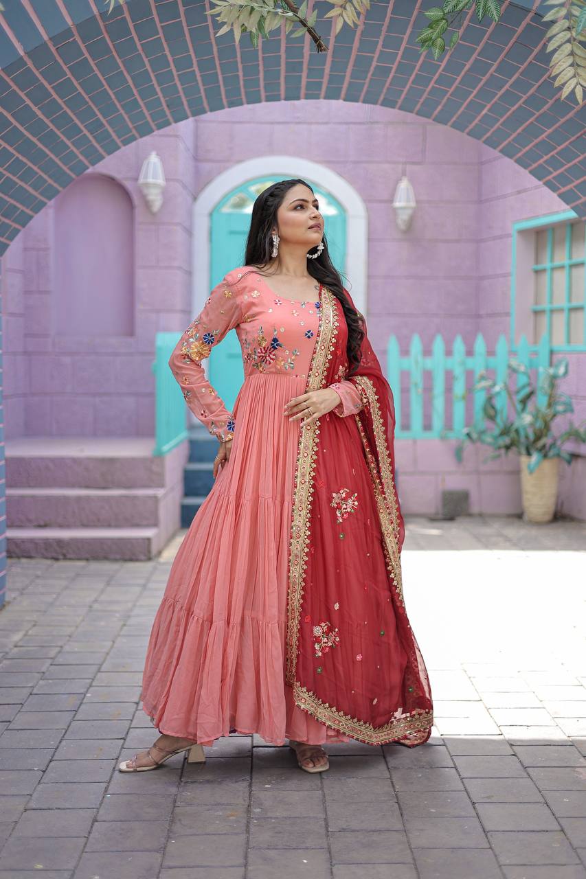 WOMEN'S PEACH FAUX GEORGETTE GOWN WITH RUSSIAN SILK DUPATTA WITH ADORABLE EMBROIDERED THREAD WORK STITCHED