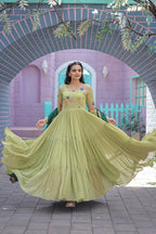 WOMEN'S GREEN FAUX GEORGETTE GOWN WITH RUSSIAN SILK DUPATTA WITH ADORABLE EMBROIDERED THREAD WORK STITCHED