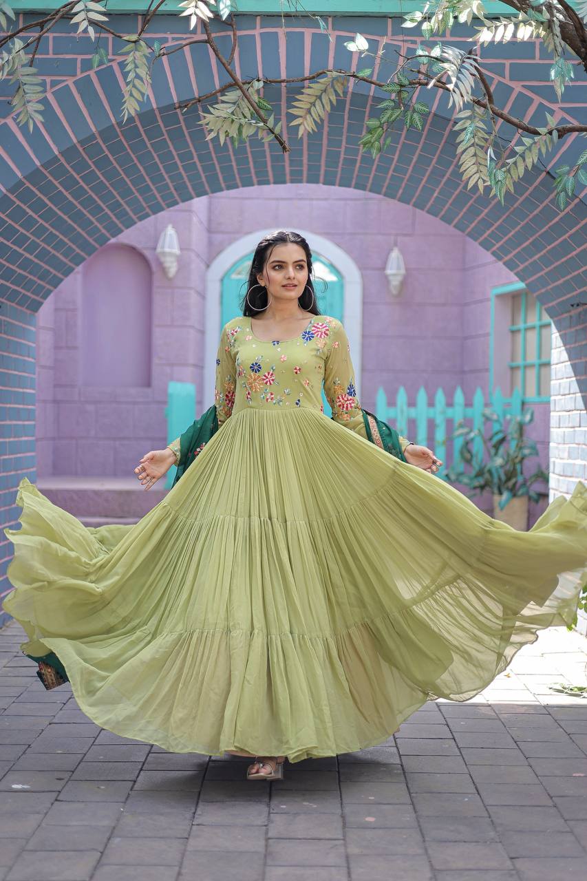 WOMEN'S GREEN FAUX GEORGETTE GOWN WITH RUSSIAN SILK DUPATTA WITH ADORABLE EMBROIDERED THREAD WORK STITCHED