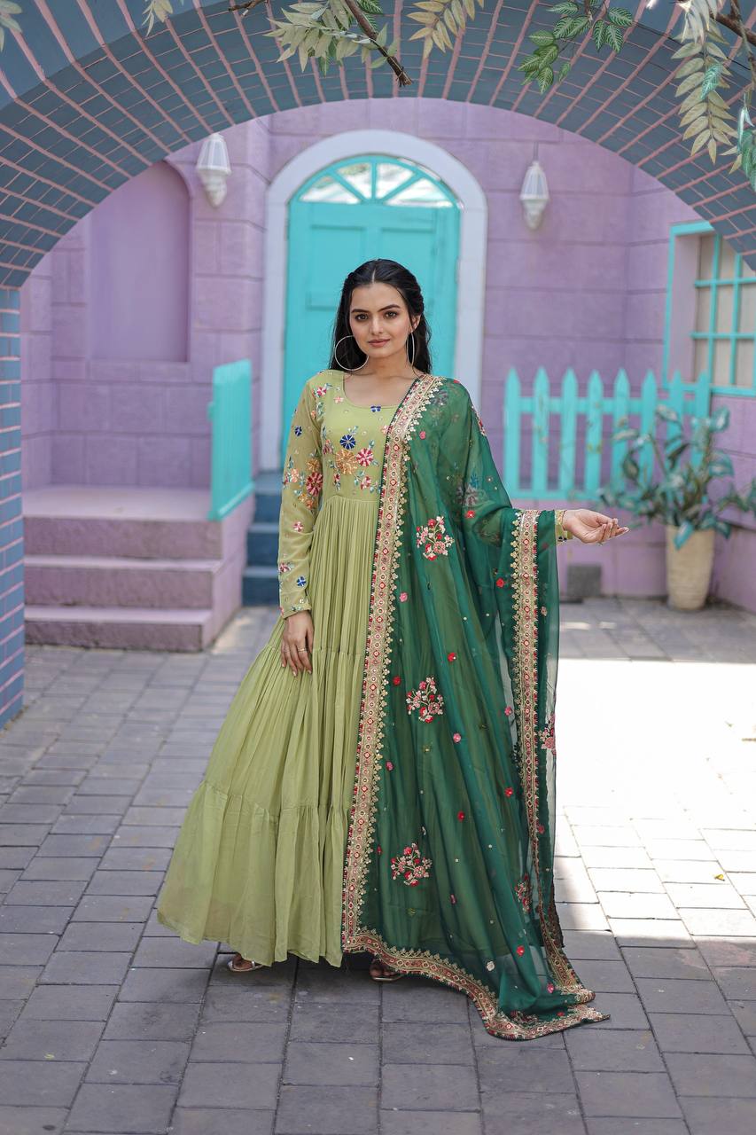 WOMEN'S GREEN FAUX GEORGETTE GOWN WITH RUSSIAN SILK DUPATTA WITH ADORABLE EMBROIDERED THREAD WORK STITCHED