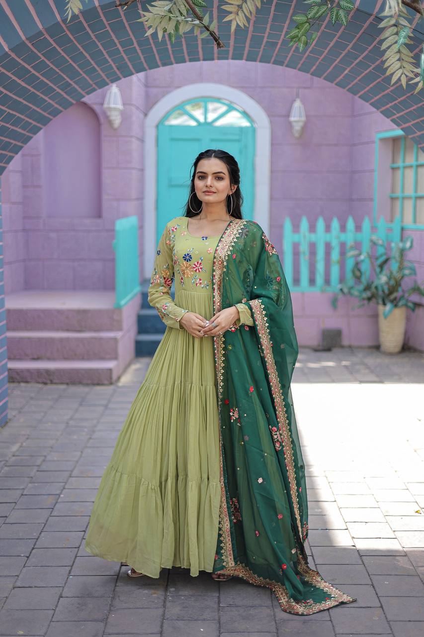 WOMEN'S GREEN FAUX GEORGETTE GOWN WITH RUSSIAN SILK DUPATTA WITH ADORABLE EMBROIDERED THREAD WORK STITCHED