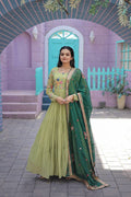 WOMEN'S GREEN FAUX GEORGETTE GOWN WITH RUSSIAN SILK DUPATTA WITH ADORABLE EMBROIDERED THREAD WORK STITCHED