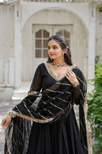WOMEN'S FAUX BLOOMING CAPTIVATING BLACK COLOR GOWN WITH RAVISHING DUPATTA STITCHED