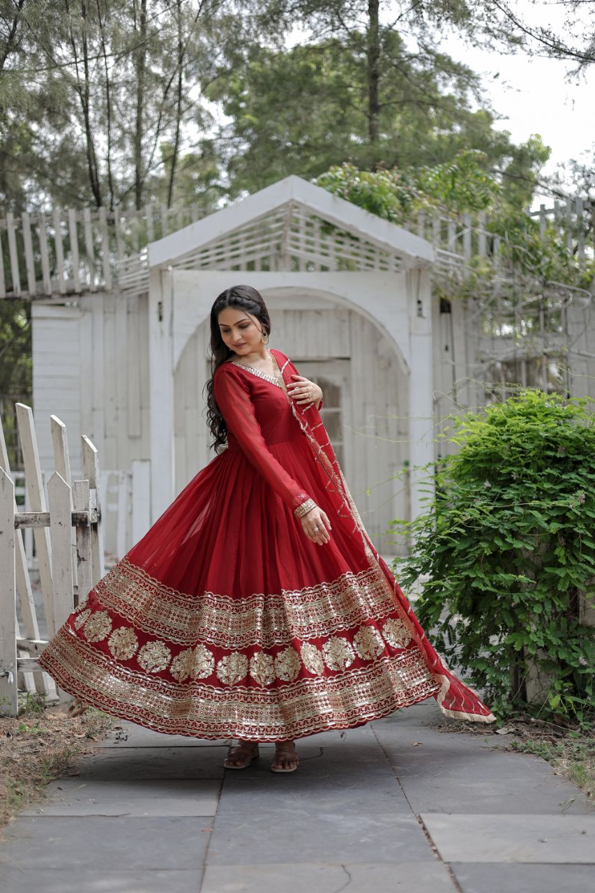 WOMEN'S FAUX BLOOMING  CAPTIVATING MAROON COLOR GOWN WITH RAVISHING DUPATTA STITCHED