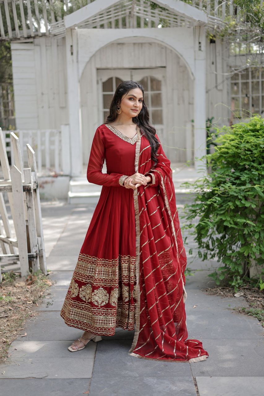 WOMEN'S FAUX BLOOMING  CAPTIVATING MAROON COLOR GOWN WITH RAVISHING DUPATTA STITCHED