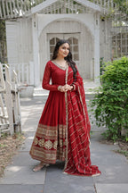 WOMEN'S FAUX BLOOMING  CAPTIVATING MAROON COLOR GOWN WITH RAVISHING DUPATTA STITCHED