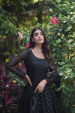 Women's FAUX GEORGETTE PARTY WEAR GOWN IN BLACK AND GREY WITH SEQUENCE WORK STITCHED