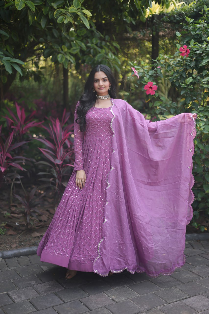Women's FAUX GEORGETTE FESTIVE GOWN IN PINK AND MAJENTA WITH EMBROIDERED WORK STITCHED