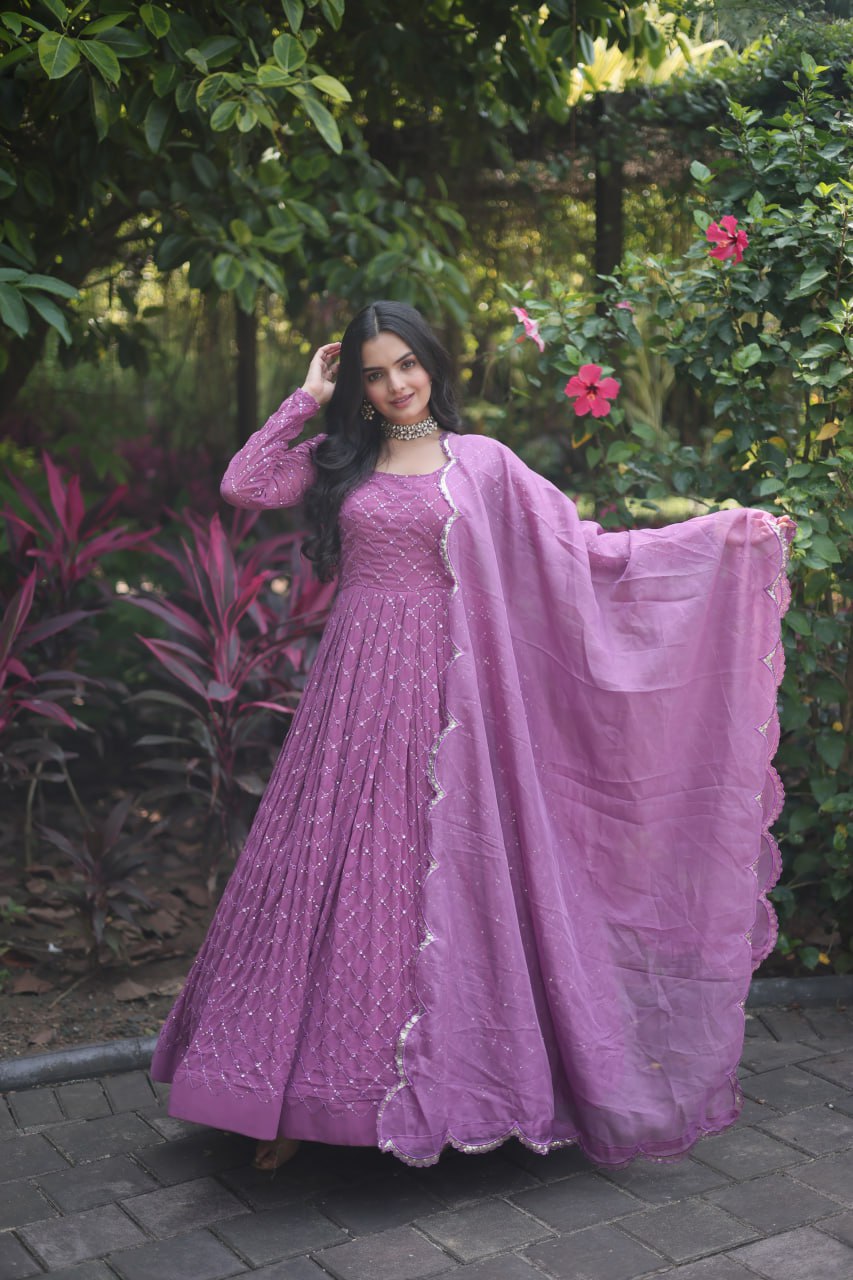 Women's FAUX GEORGETTE FESTIVE GOWN IN PINK AND MAJENTA WITH EMBROIDERED WORK STITCHED