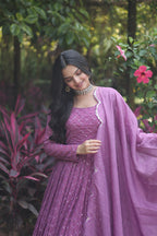Women's FAUX GEORGETTE FESTIVE GOWN IN PINK AND MAJENTA WITH EMBROIDERED WORK STITCHED