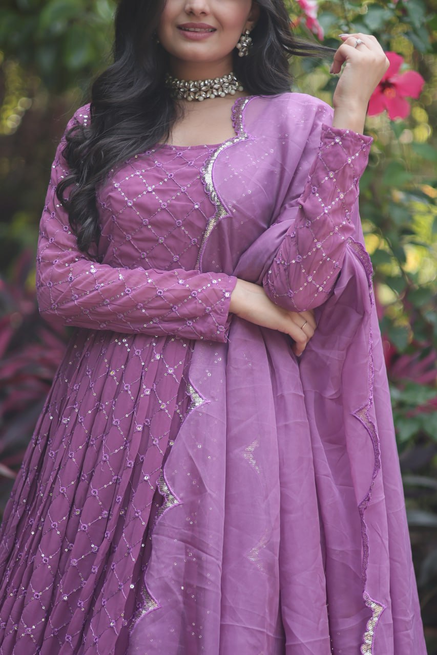 Women's FAUX GEORGETTE FESTIVE GOWN IN PINK AND MAJENTA WITH EMBROIDERED WORK STITCHED