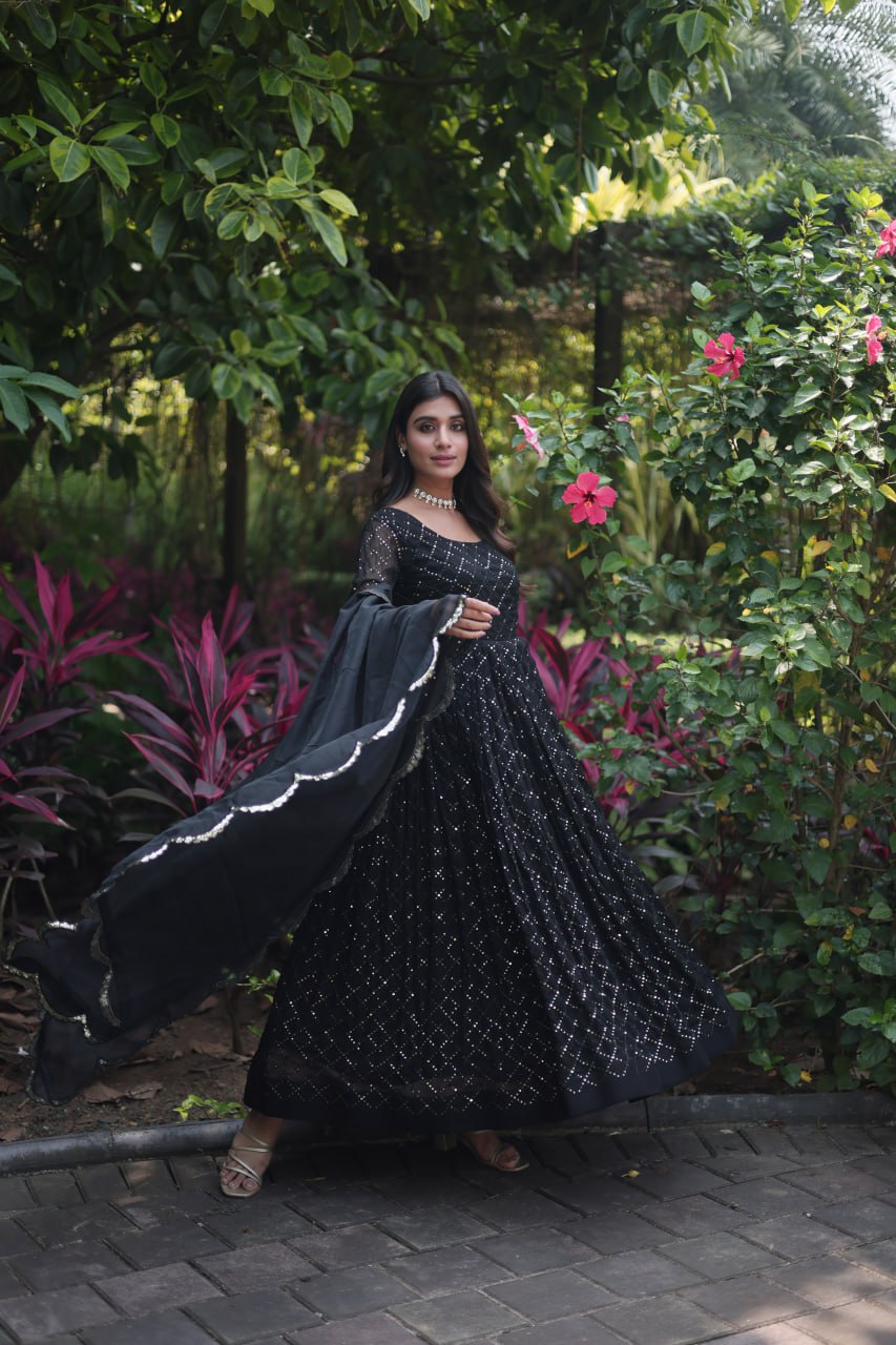 Women's FAUX GEORGETTE PARTY WEAR GOWN IN BLACK AND GREY WITH SEQUENCE WORK STITCHED
