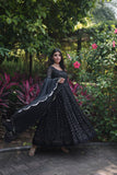 Women's FAUX GEORGETTE PARTY WEAR GOWN IN BLACK AND GREY WITH SEQUENCE WORK STITCHED