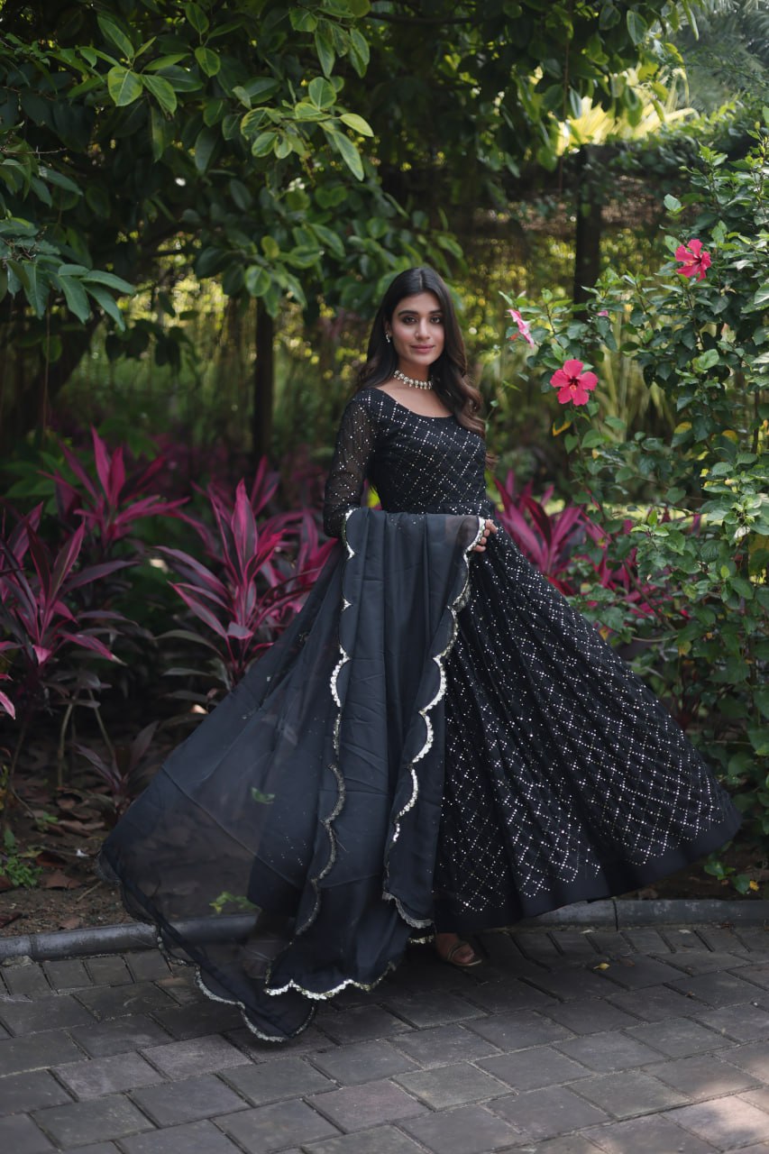 Women's FAUX GEORGETTE PARTY WEAR GOWN IN BLACK AND GREY WITH SEQUENCE WORK STITCHED