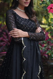 Women's FAUX GEORGETTE PARTY WEAR GOWN IN BLACK AND GREY WITH SEQUENCE WORK STITCHED