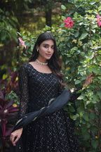 Women's FAUX GEORGETTE PARTY WEAR GOWN IN BLACK AND GREY WITH SEQUENCE WORK STITCHED