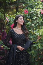 Women's FAUX GEORGETTE PARTY WEAR GOWN IN BLACK AND GREY WITH SEQUENCE WORK STITCHED