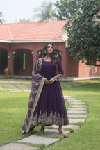 Women's PURPLE FAUX BLOOMING WITH MULTI-SEQUINS EMBROIDERY WORK PARTY WEAR GOWN STITCHED