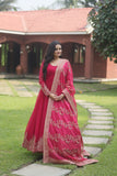 WOMEN'S PINK FAUX BLOOMING WITH MULTI-SEQUINS EMBROIDERY WORK PARTY WEAR GOWN STITCHED