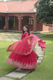 WOMEN'S PINK FAUX BLOOMING WITH MULTI-SEQUINS EMBROIDERY WORK PARTY WEAR GOWN STITCHED