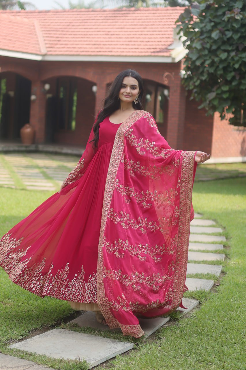 WOMEN'S PINK FAUX BLOOMING WITH MULTI-SEQUINS EMBROIDERY WORK PARTY WEAR GOWN STITCHED