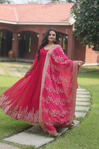 WOMEN'S PINK FAUX BLOOMING WITH MULTI-SEQUINS EMBROIDERY WORK PARTY WEAR GOWN STITCHED