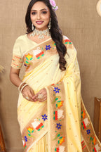 Vsaree Cream Paithani Silk Flower Border And Zari Weaving Rich Pallu With Blouse