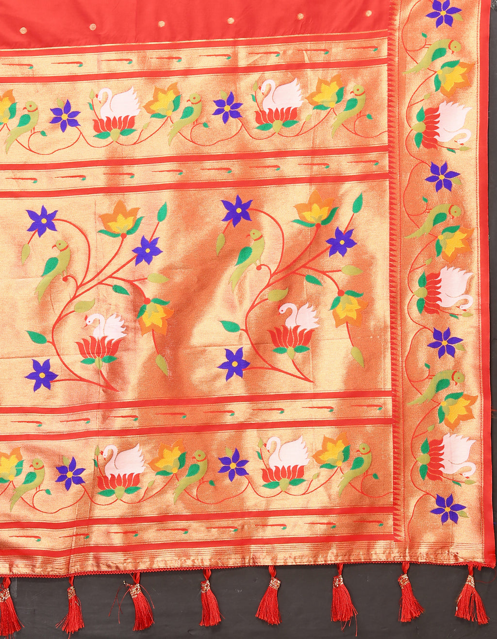 Vsaree Dark Orange Paithani Silk Flower Border And Zari Weaving Rich Pallu With Blouse