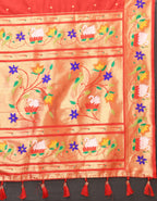 Vsaree Dark Orange Paithani Silk Flower Border And Zari Weaving Rich Pallu With Blouse