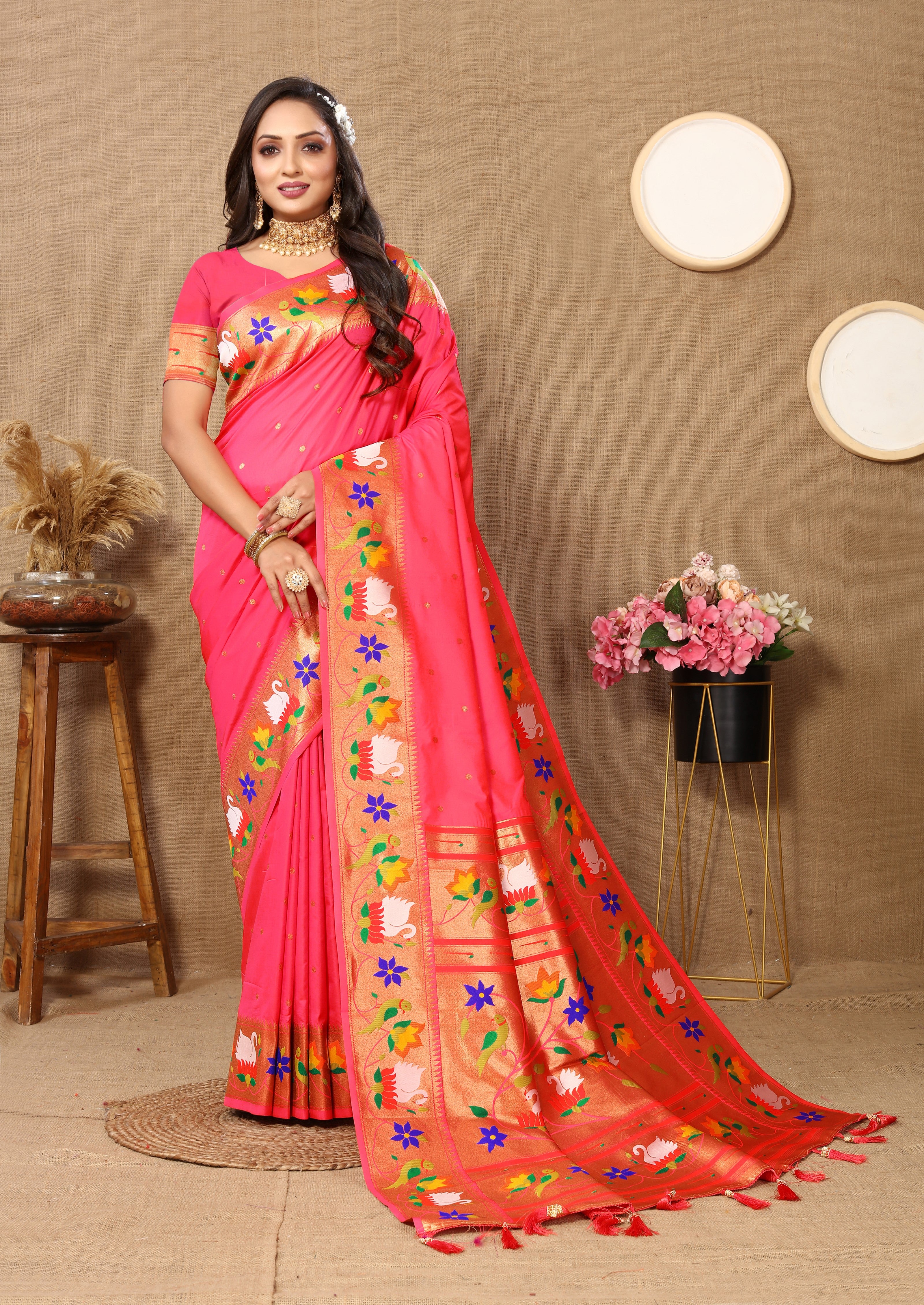 Vsaree Dark Peach Paithani Silk Flower Border And Zari Weaving Rich Pallu With Blouse