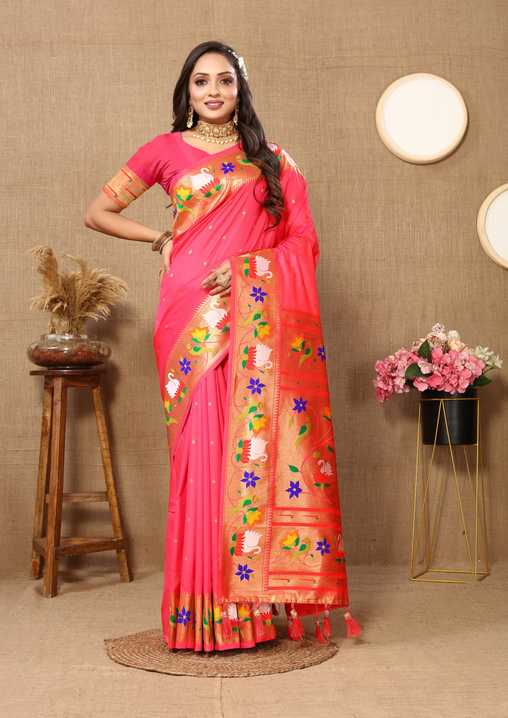 Vsaree Dark Peach Paithani Silk Flower Border And Zari Weaving Rich Pallu With Blouse