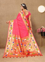 Vsaree Dark Peach Paithani Silk Flower Border And Zari Weaving Rich Pallu With Blouse