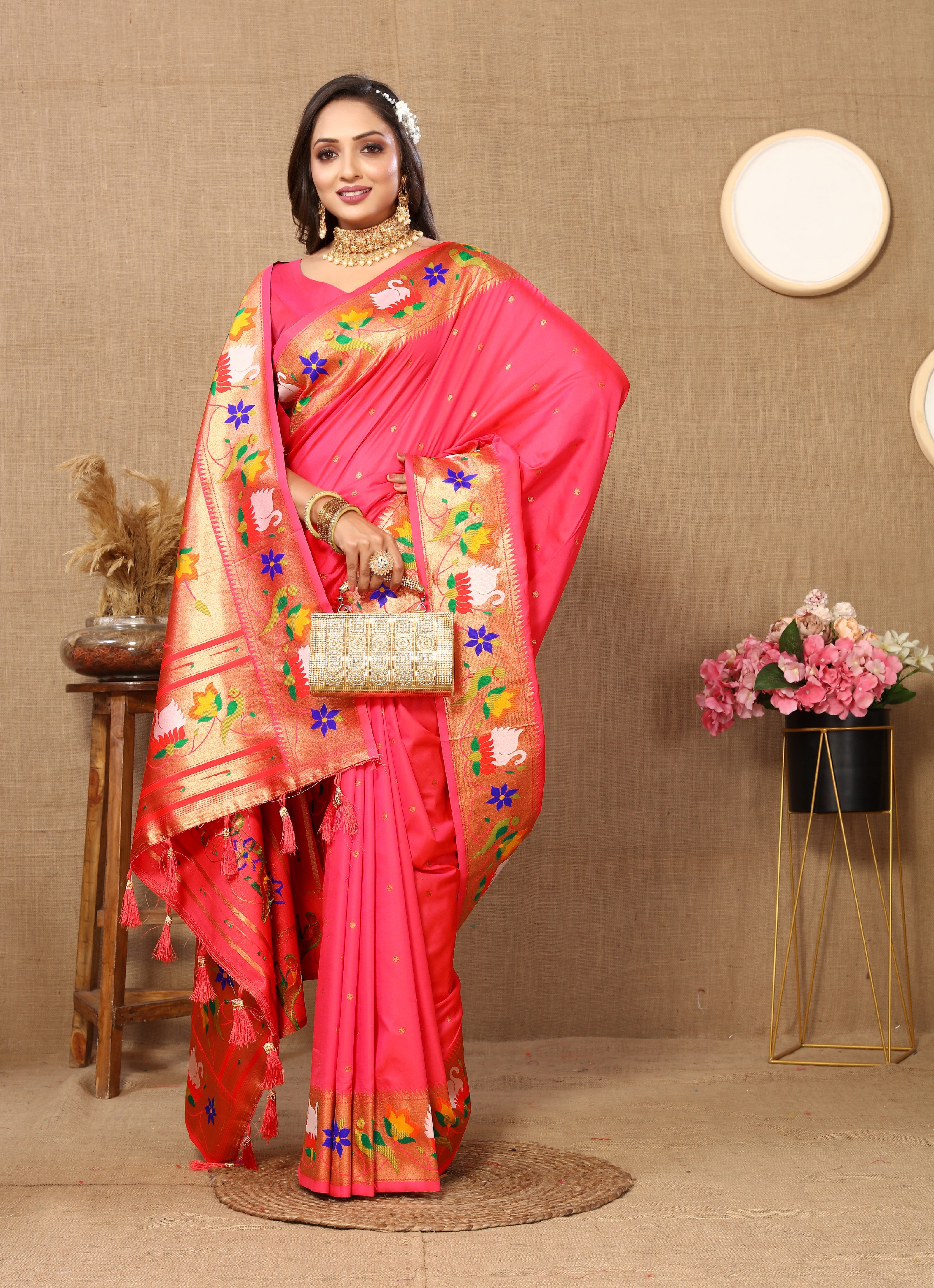 Vsaree Dark Peach Paithani Silk Flower Border And Zari Weaving Rich Pallu With Blouse