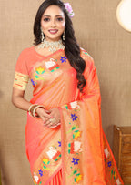 Vsaree Orange Paithani Silk Flower Border And Zari Weaving Rich Pallu With Blouse
